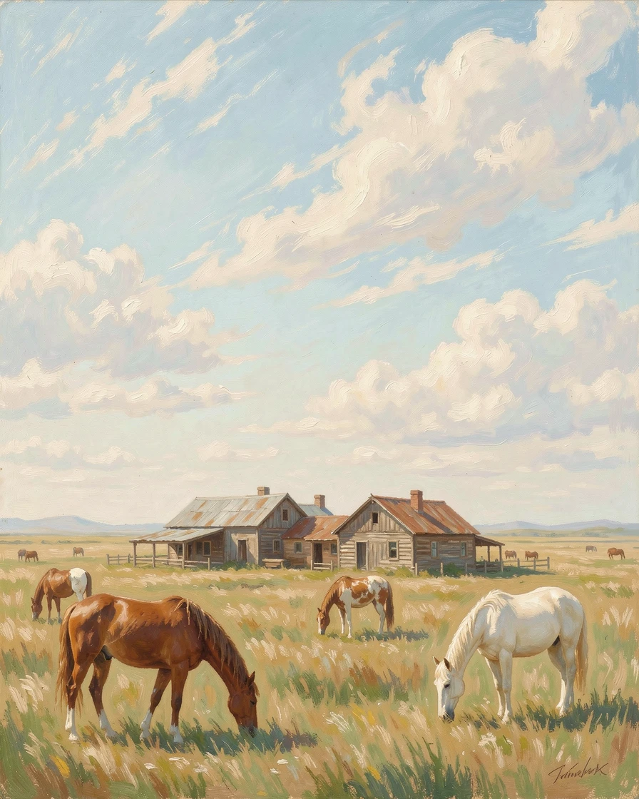 A traditional gaucho ranch on the Argentine pampas, horses grazing beneath an endless open sky, during the height of summer, conveying a feeling of romance and tranquility.