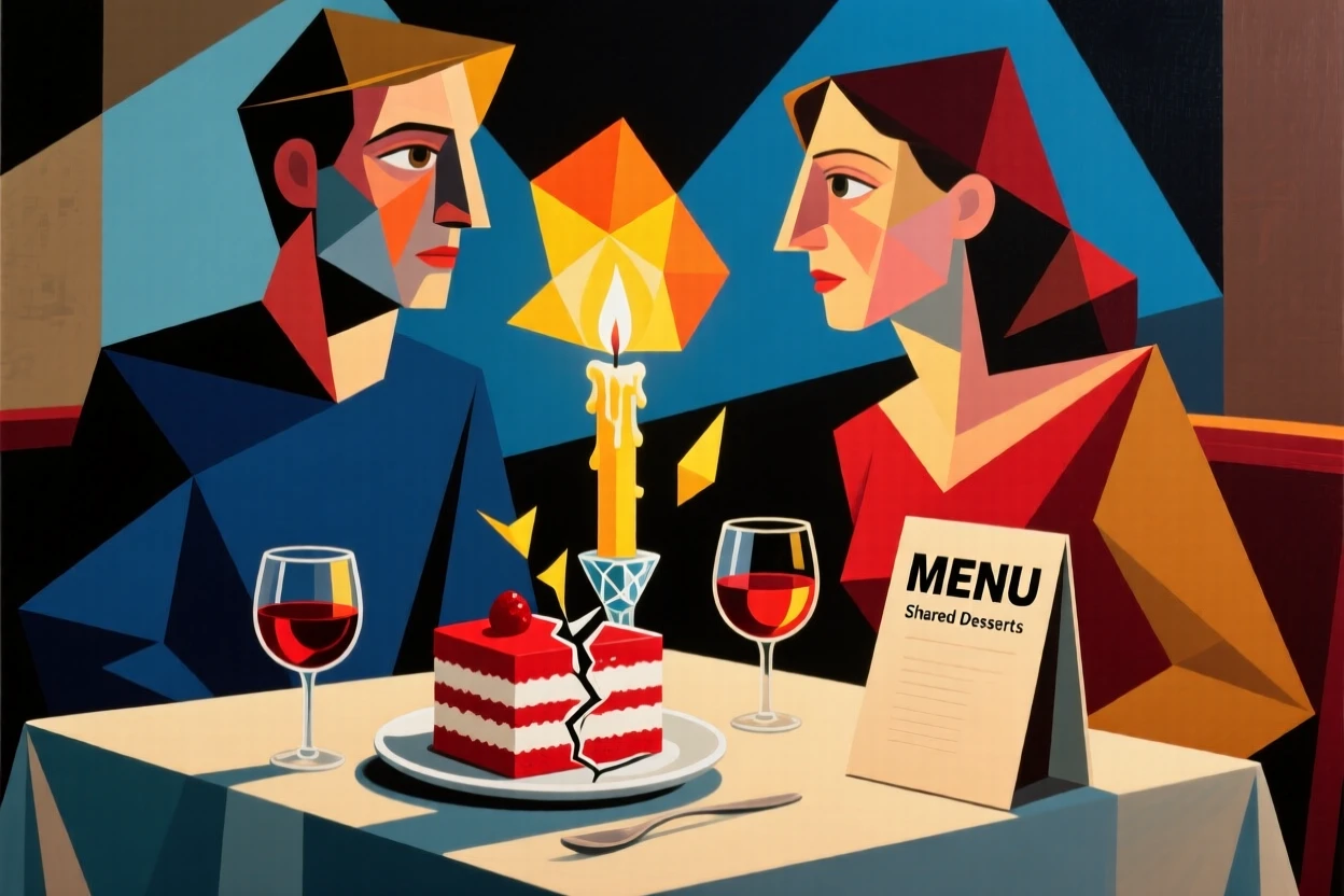 A young couple sharing dessert at a candlelit restaurant table.