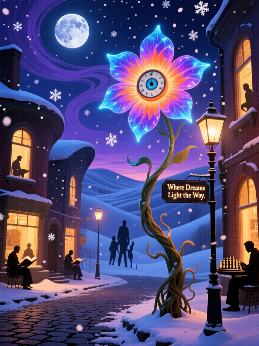 A city street where lampposts bloom like tall glowing flowers rests peacefully beneath a blanket of drifting snow, as soft snow drifts silently past warmly lit windows.