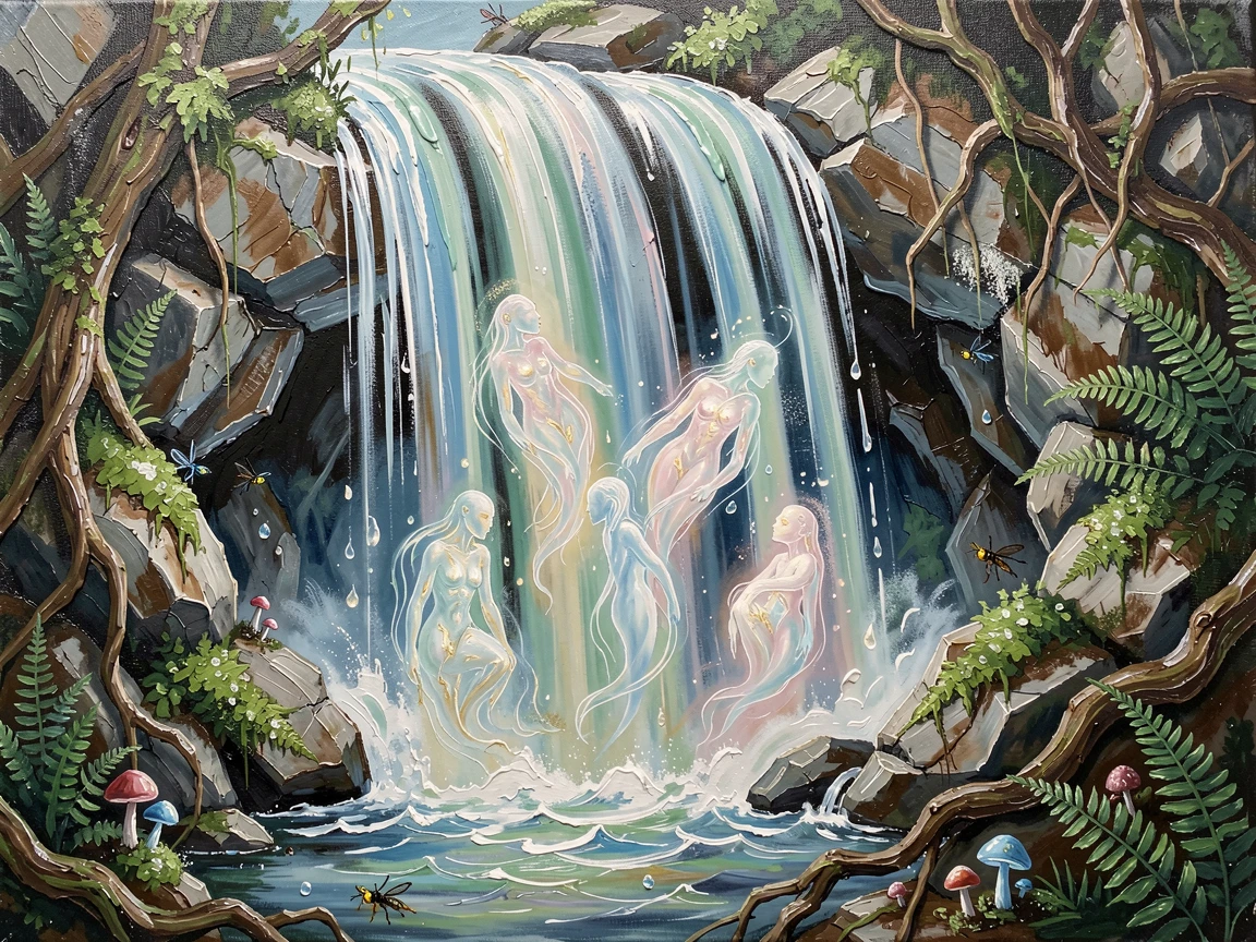 A hidden waterfall reveals a secret grotto inhabited by glowing water spirits, their translucent forms dancing just beneath the cascading surface, the scale of the scene emphasized by tiny details that suggest an entire hidden world beyond the frame.
