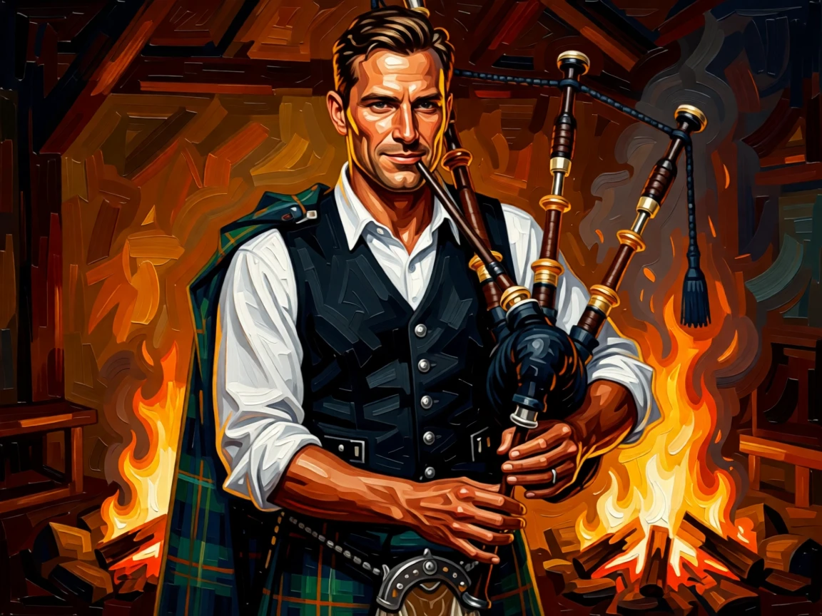 A striking portrait of a Scottish bagpiper, framed by warm firelight, a faint smile playing at the corners of their mouth