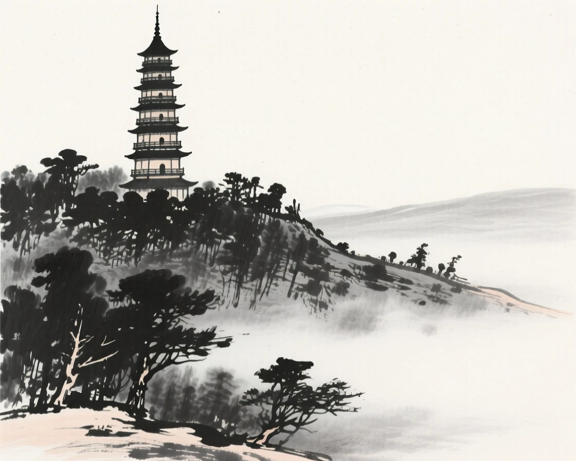 A tall pagoda rises from a forested hillside, its tiers visible above the treetops, as mist settles over the valley below.