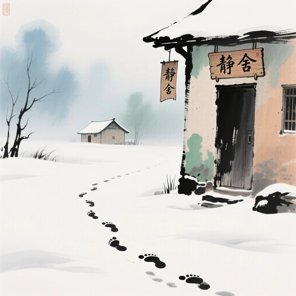 A single set of footprints crossing untouched snow toward a distant hut, through a light drifting mist.
