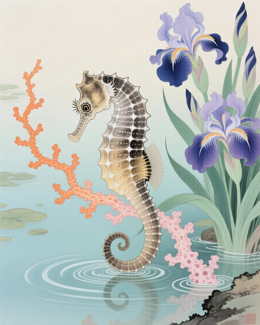 A seahorse curled around a strand of coral in a garden pond surrounded by iris flowers