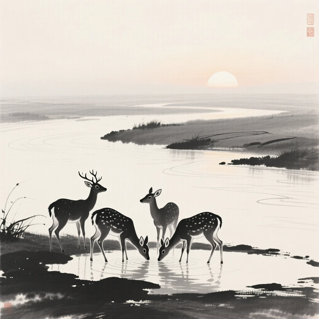A deer gathered near a watering hole at dawn along the bank of a quiet river, captured in profile against a soft, empty background, capturing a fleeting, tender moment of wild life.