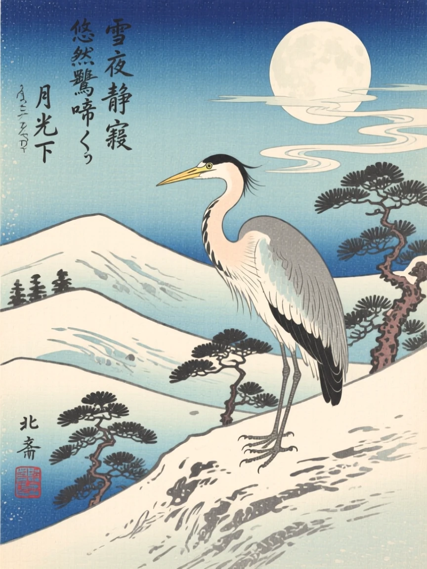 A patient heron howling atop a snowy ridge under moonlight.