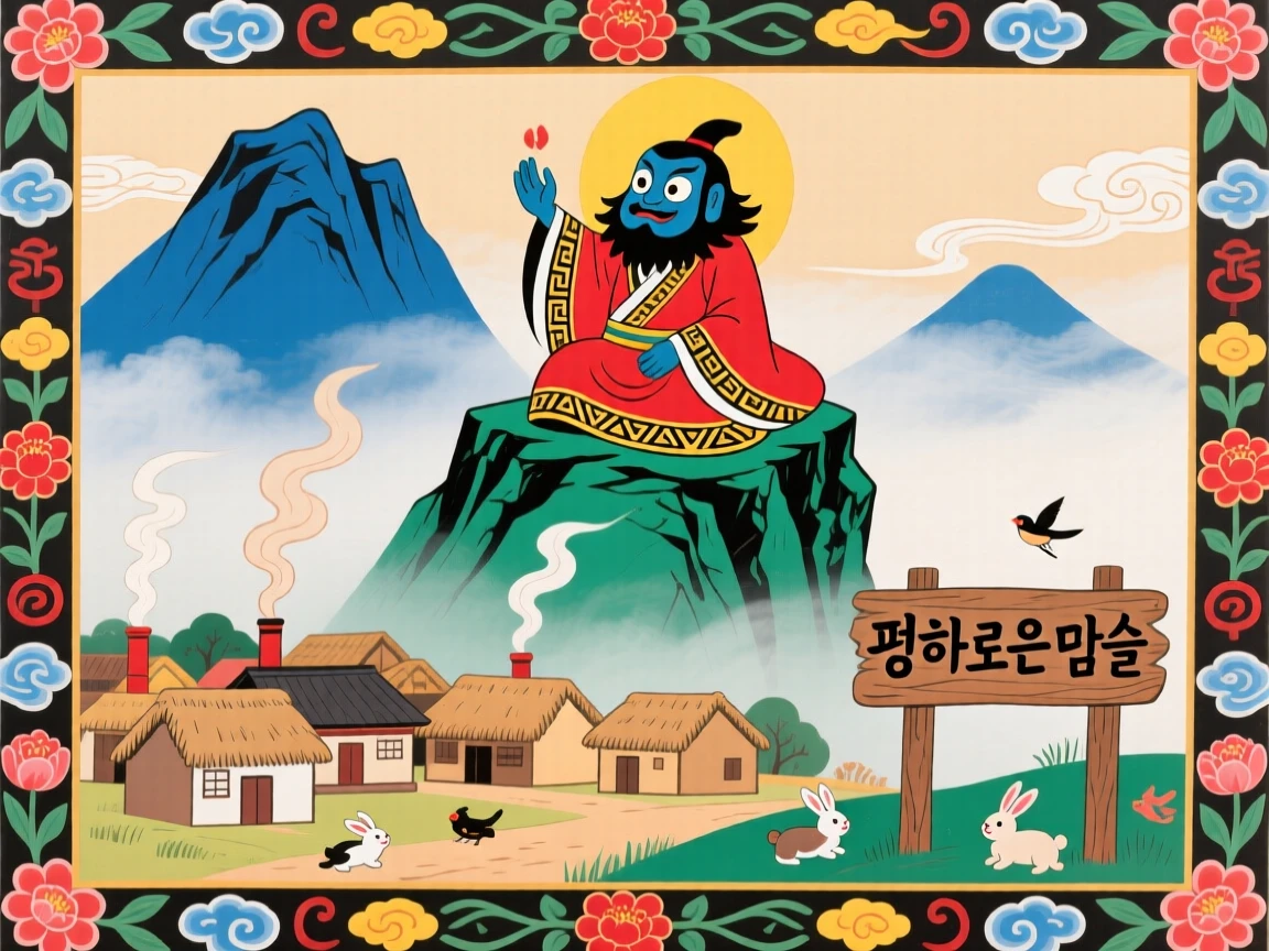 A mountain spirit watching over a sleeping village from atop a misty peak.