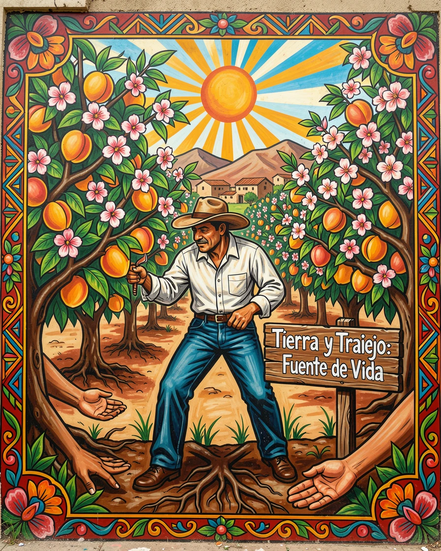 A farmer tending an orchard of blossoming peach trees