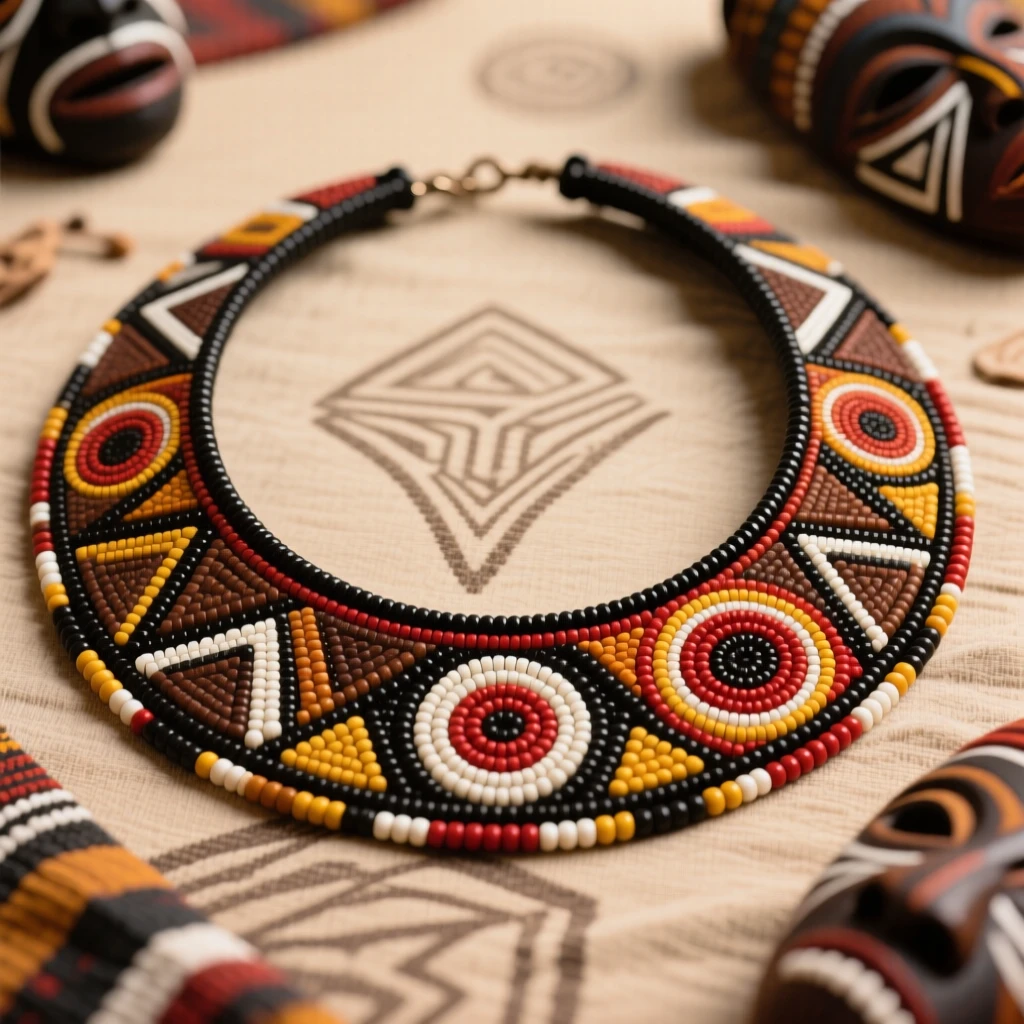 A beaded ceremonial collar laid out for inspection before a festival.
