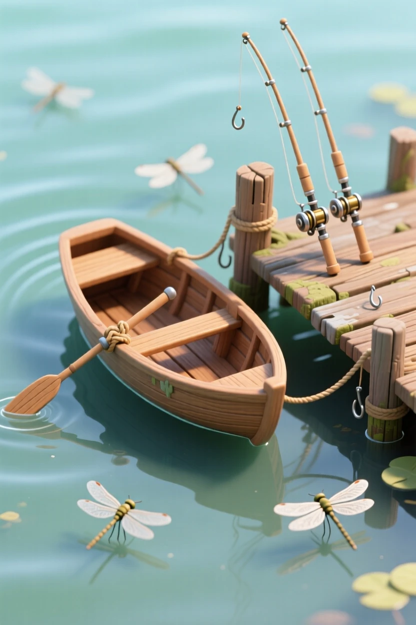 A classic wooden rowboat tied to a dock at a quiet lake cottage, fishing rods leaning nearby, and dragonflies skimming the water.