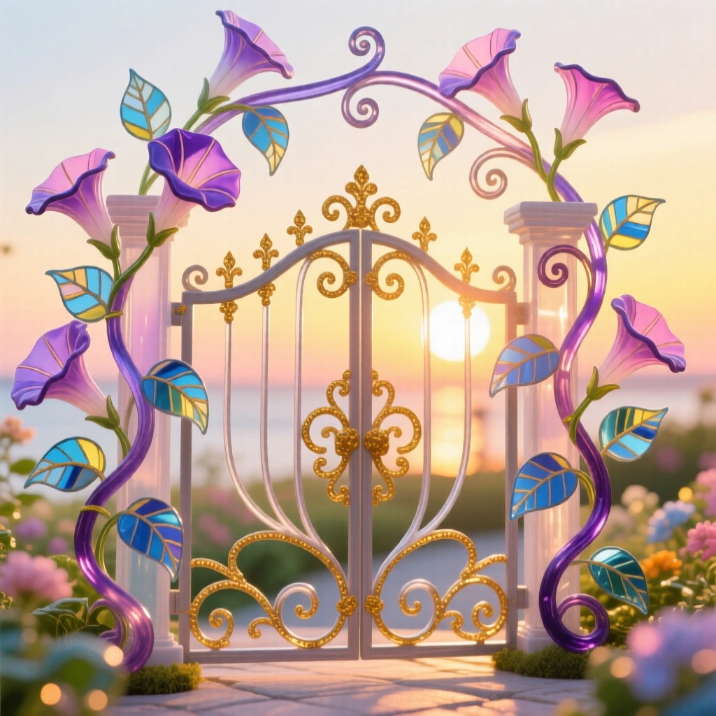 A garden gate framed by climbing morning glories at sunrise, charming and fresh.