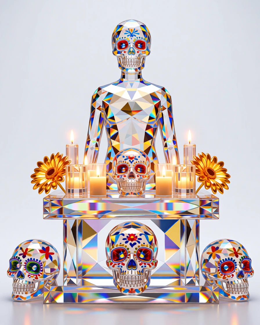 A Day of the Dead altar adorned with marigolds, candles, and vivid sugar skull decorations.