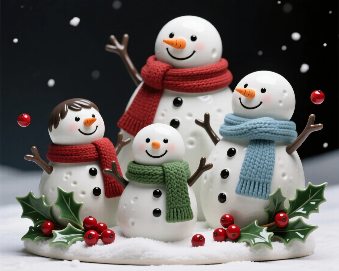 A family of snowmen wearing scarves captured mid-celebration with joyful energy, accented with seasonal berries and greenery, radiating cheerful holiday spirit.