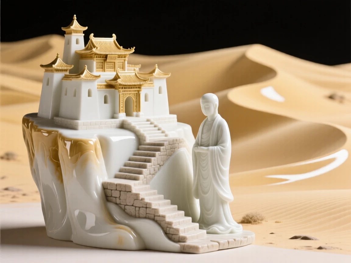A serene cliffside monastery nestled in golden desert dunes, framed by ancient weathered stone steps.