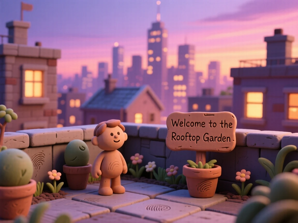 A rooftop garden overlooking a glowing city skyline at dusk