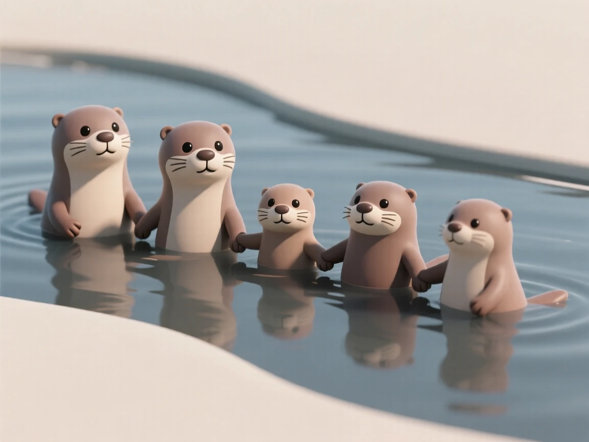 A family of otters float together in a row, holding paws as they drift down a gentle river.