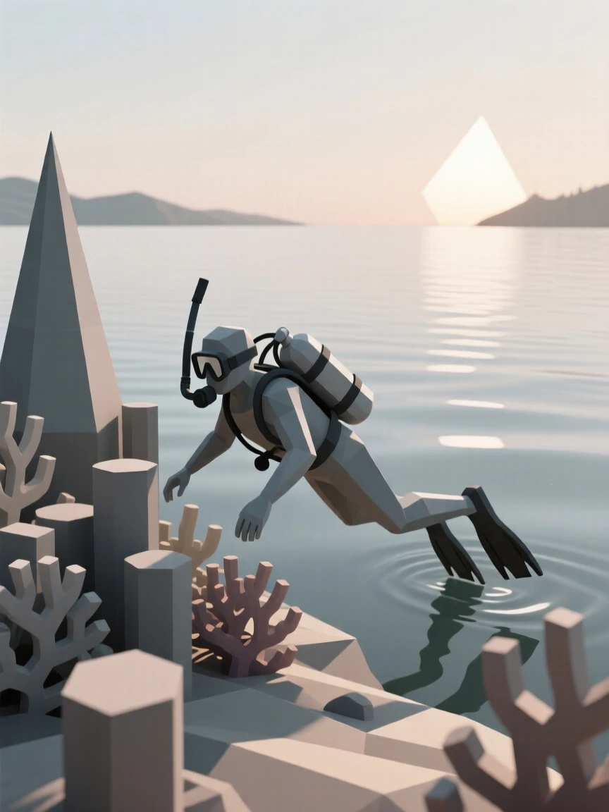 A diver exploring a vibrant coral reef, beside a tranquil lake at dawn. dynamic motion is captured with a clear sense of energy. The scene feels energetic and inspiring.
