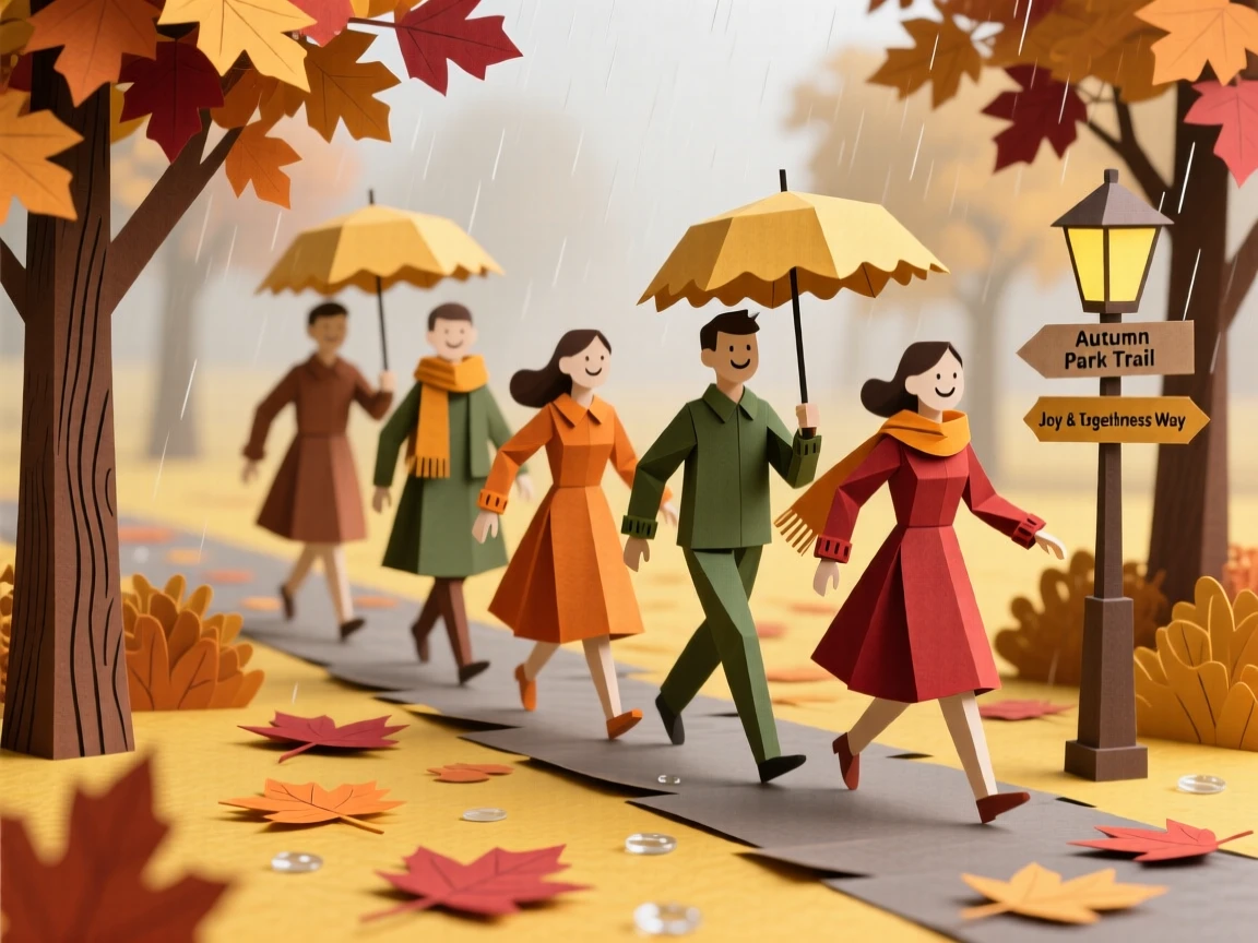 A group of dancers walking through a golden autumn park, with gentle rain misting the air, capturing pure joy and togetherness.
