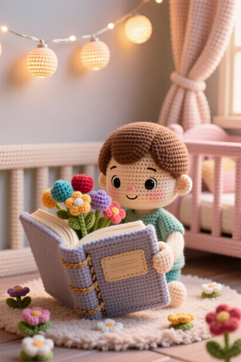 a small child pressing flowers between book pages, with careful, gentle hands, is shown closing a heavy book over fresh blossoms within a soft-lit nursery with gentle curtains beside a string of soft fairy lights along the wall, capturing gentle contentment in a small daily ritual.