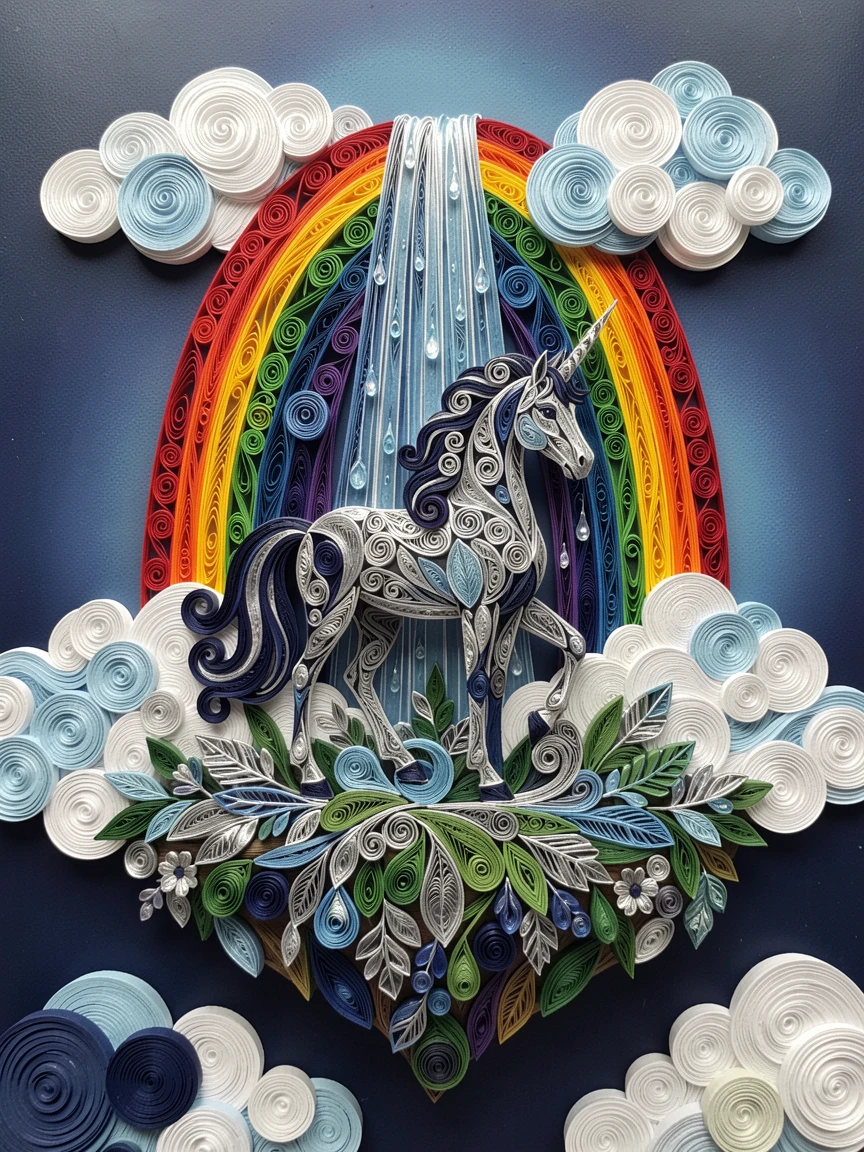 a graceful unicorn standing beneath a rainbow waterfall, atop a floating island in the clouds, captured in an intimate close-up glowing softly, in deep midnight blues accented with silver.