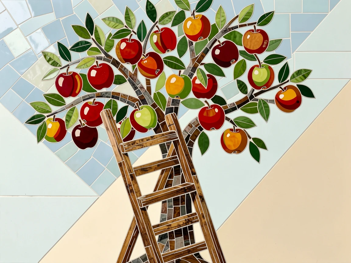 A rustic apple orchard ladder leaning against a tree heavy with fruit.