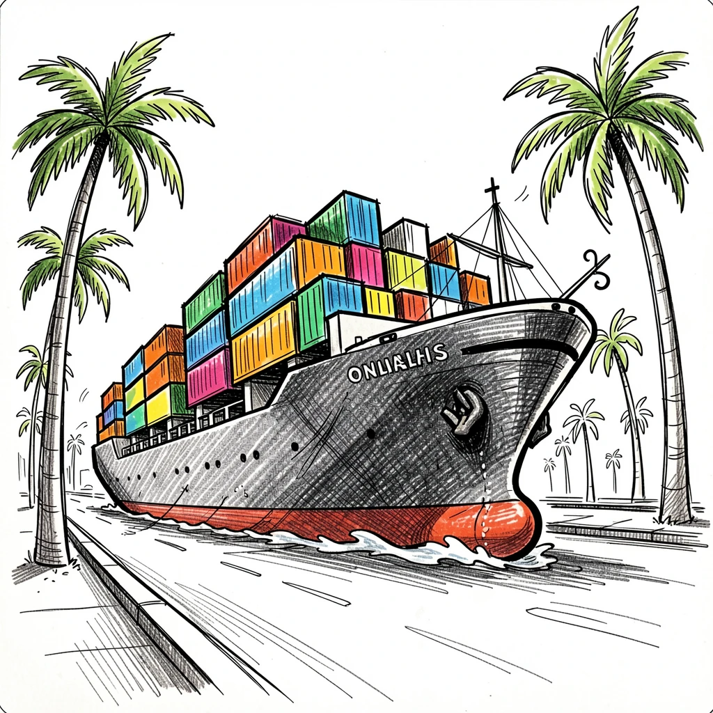 A cargo ship stacked with colorful containers cruising along a palm-lined boulevard.