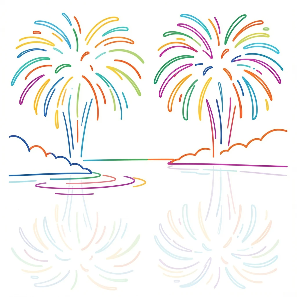A summer fireworks show reflected over a calm lake.
