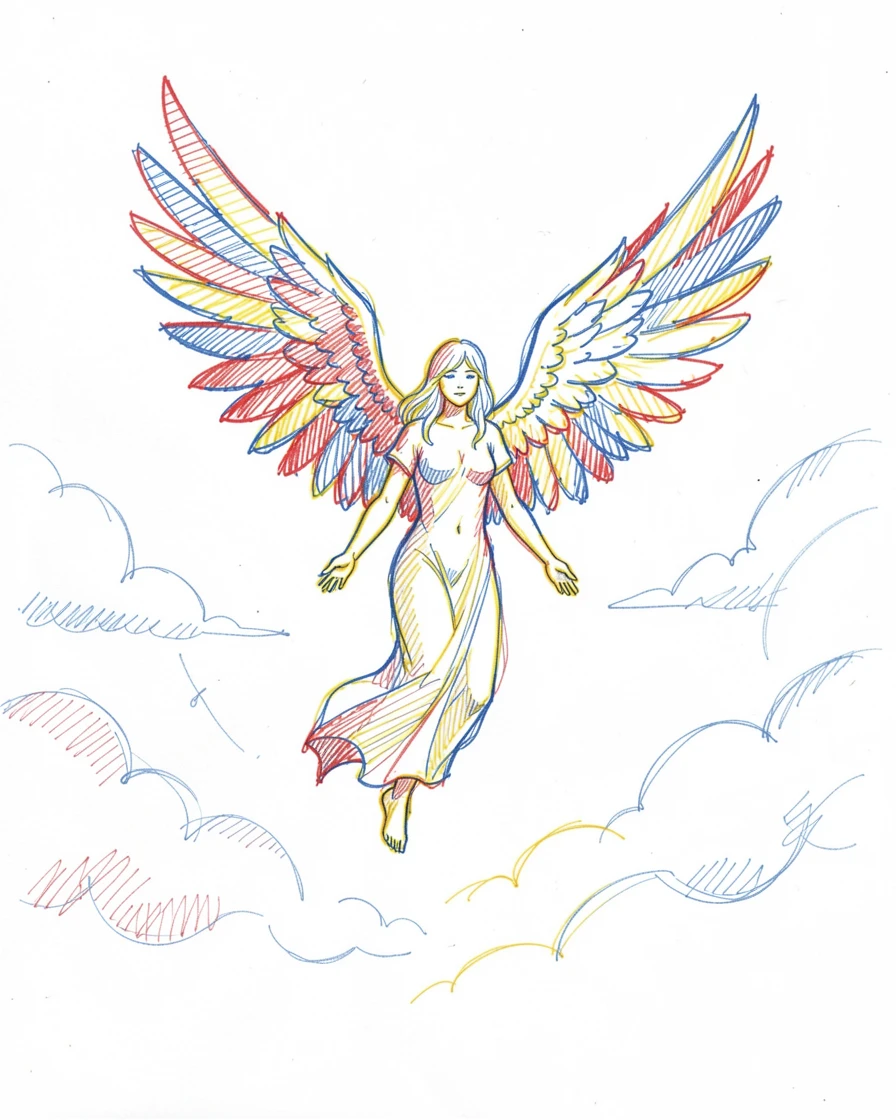 A celestial being with feathered wings descending through parting clouds