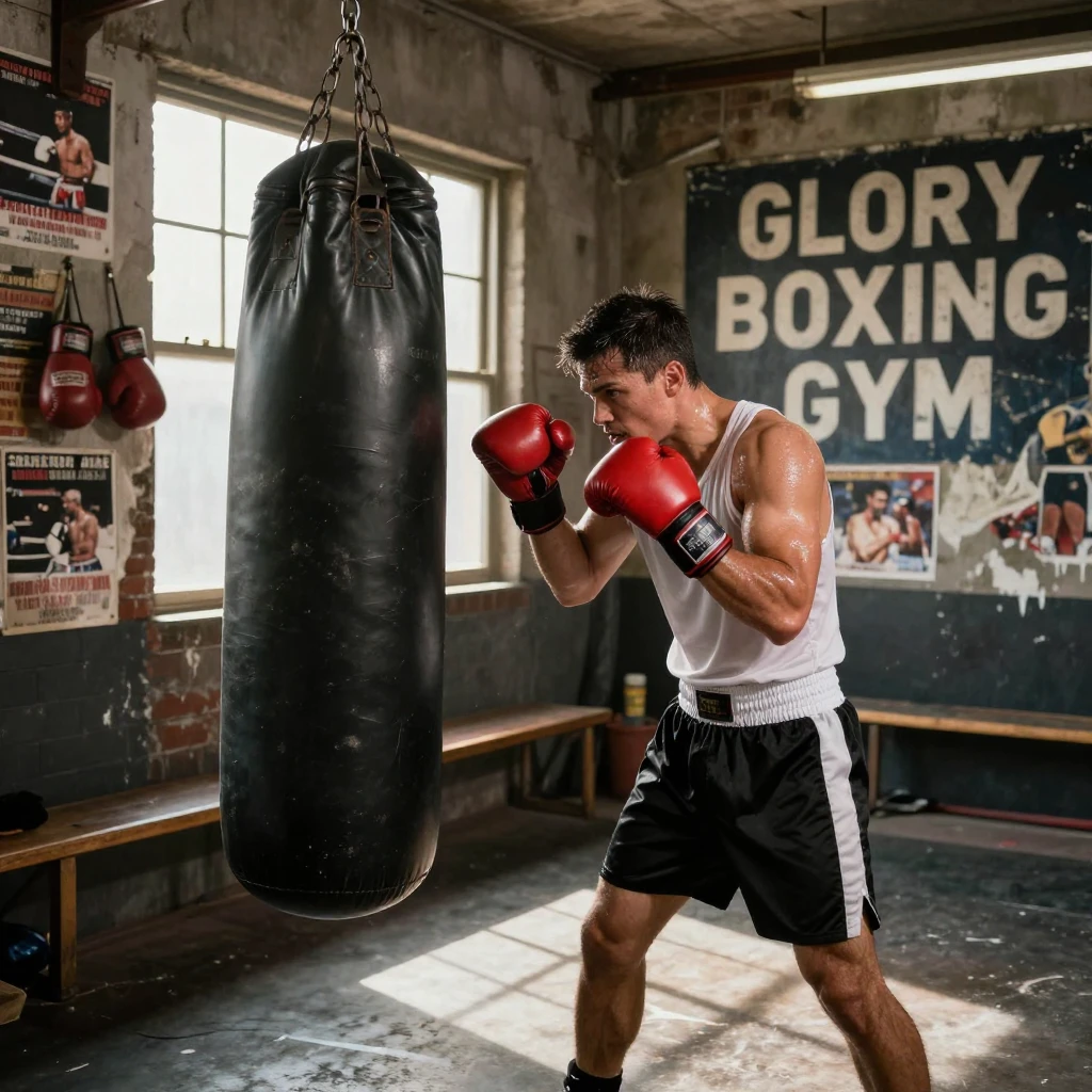A boxer training on a heavy bag in a gritty gym