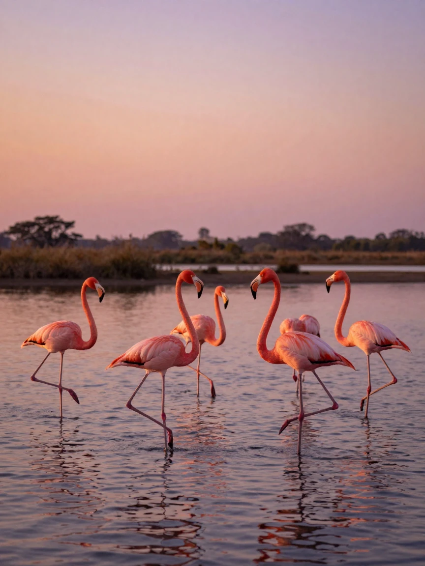 A flock of flamingos wades through a shallow pink lagoon at sunset.