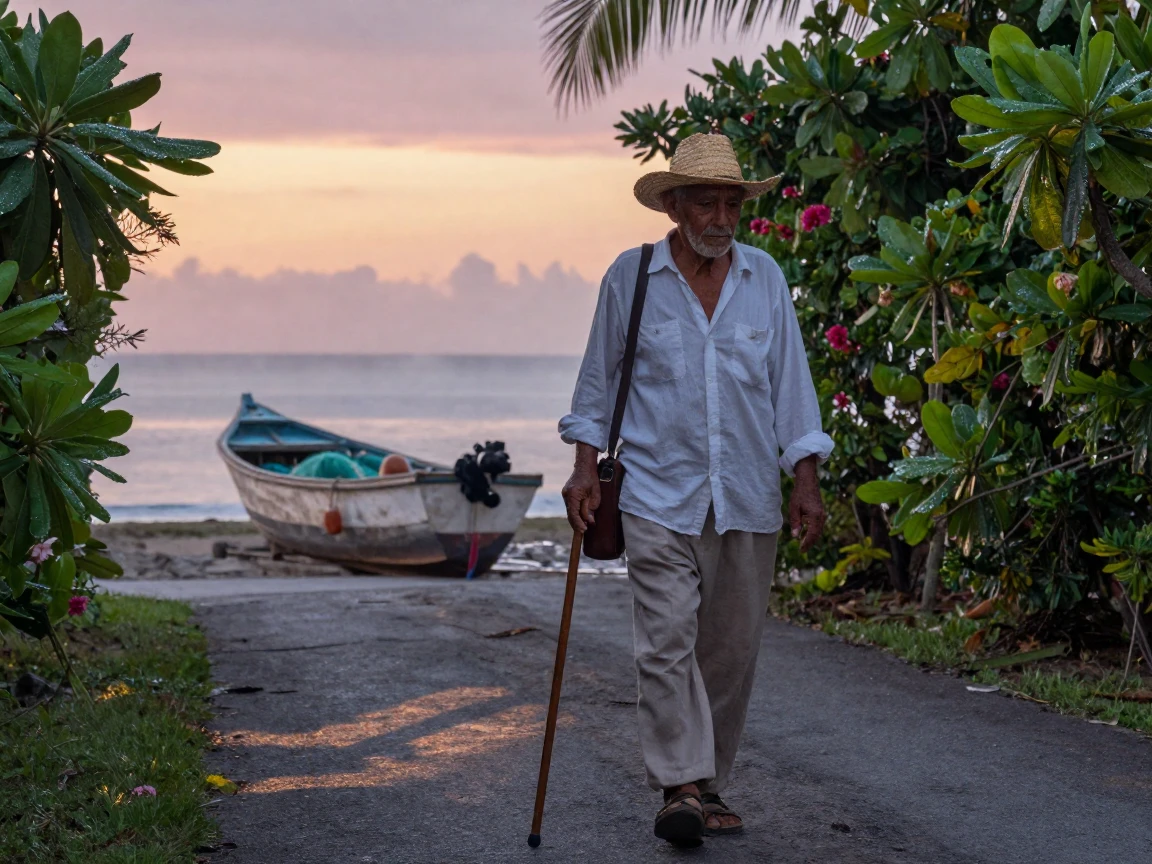 An elderly Cuban shepherd walking home along a quiet lane on a small fishing boat at dawn