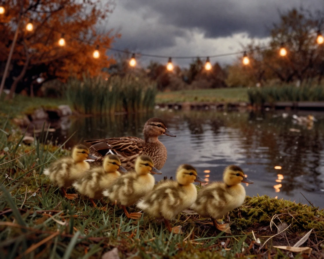 Newly hatched ducklings following their mother across a pond, under strings of warm string lights, under a darkening storm sky, in early spring, with muted olive and rust colors, shot from directly overhead.