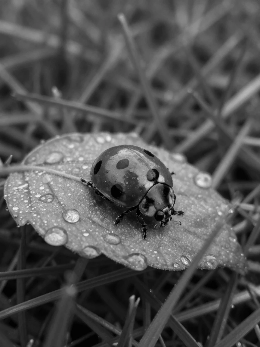 A ladybug crawls slowly across a green leaf on a dew-soaked morning lawn.