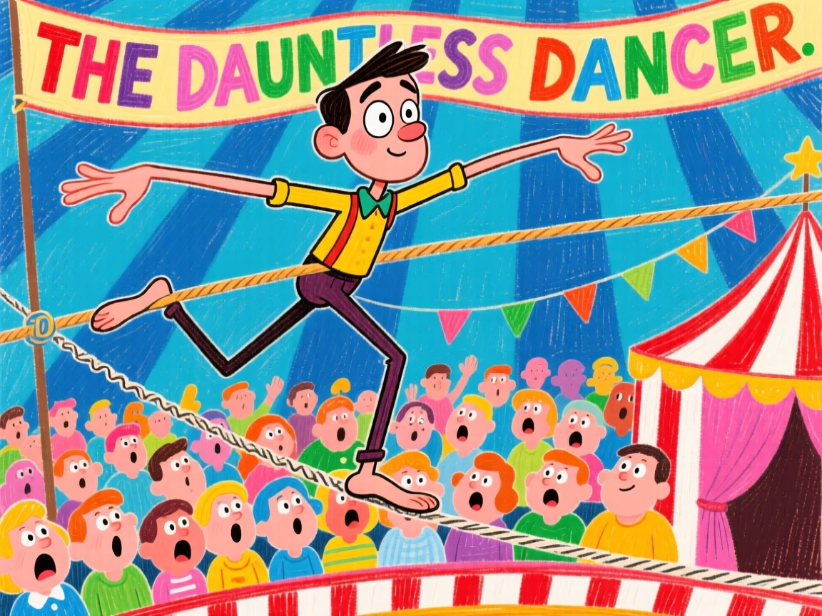 A tightrope walker balancing high above a circus crowd, arms outstretched.