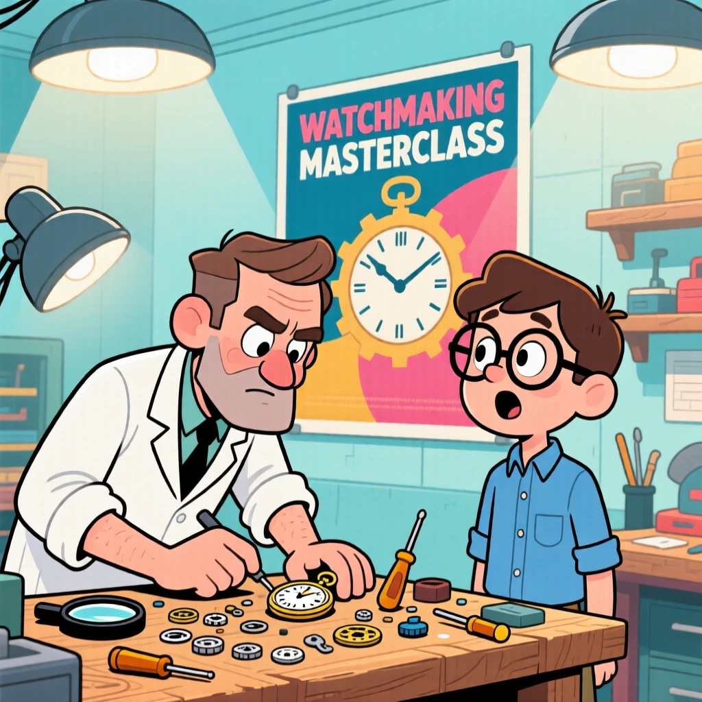 A vibrant profession-themed portrait of a careful watchmaker training a wide-eyed new recruit, under bright overhead lights.