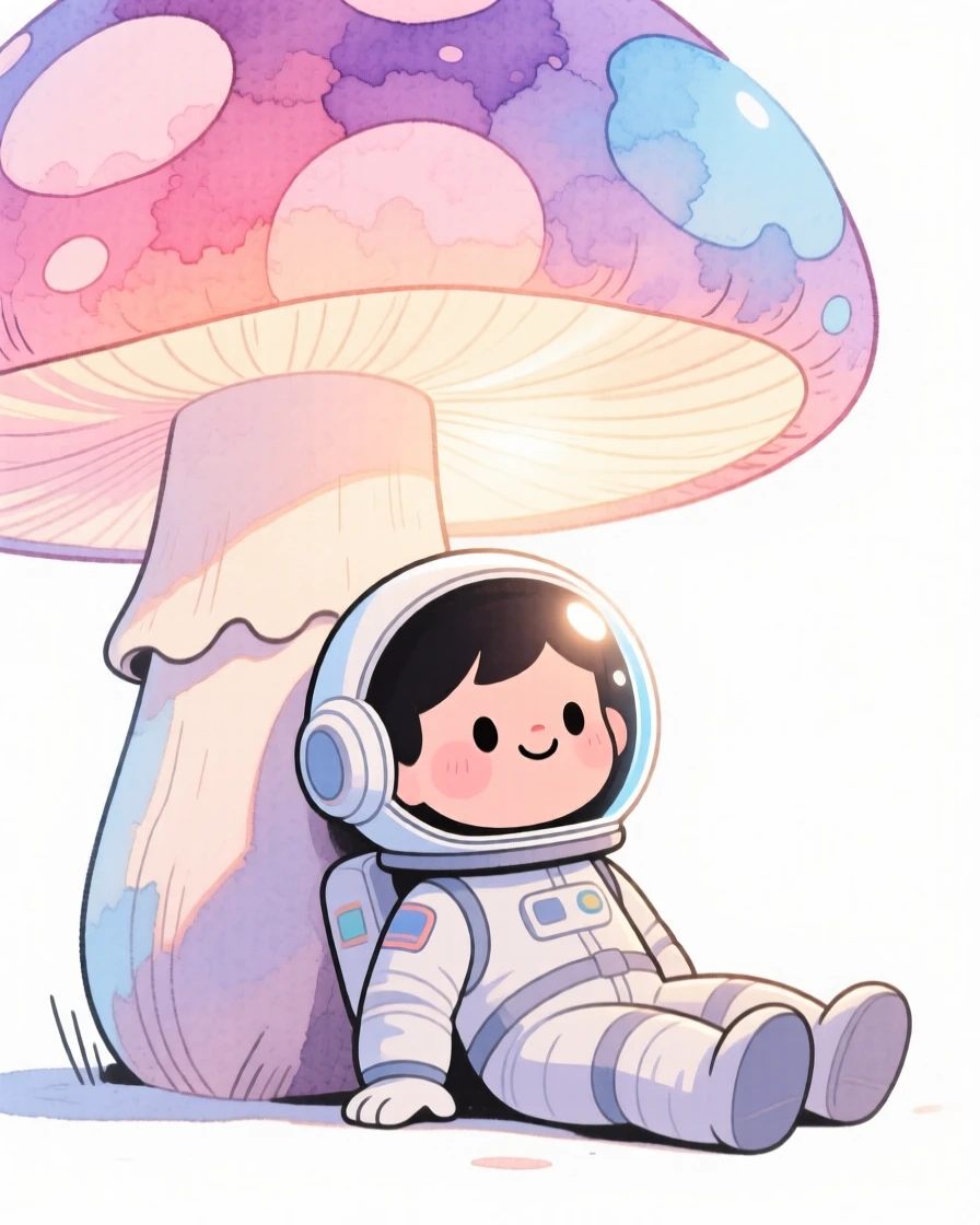 A space explorer resting beneath a giant glowing mushroom