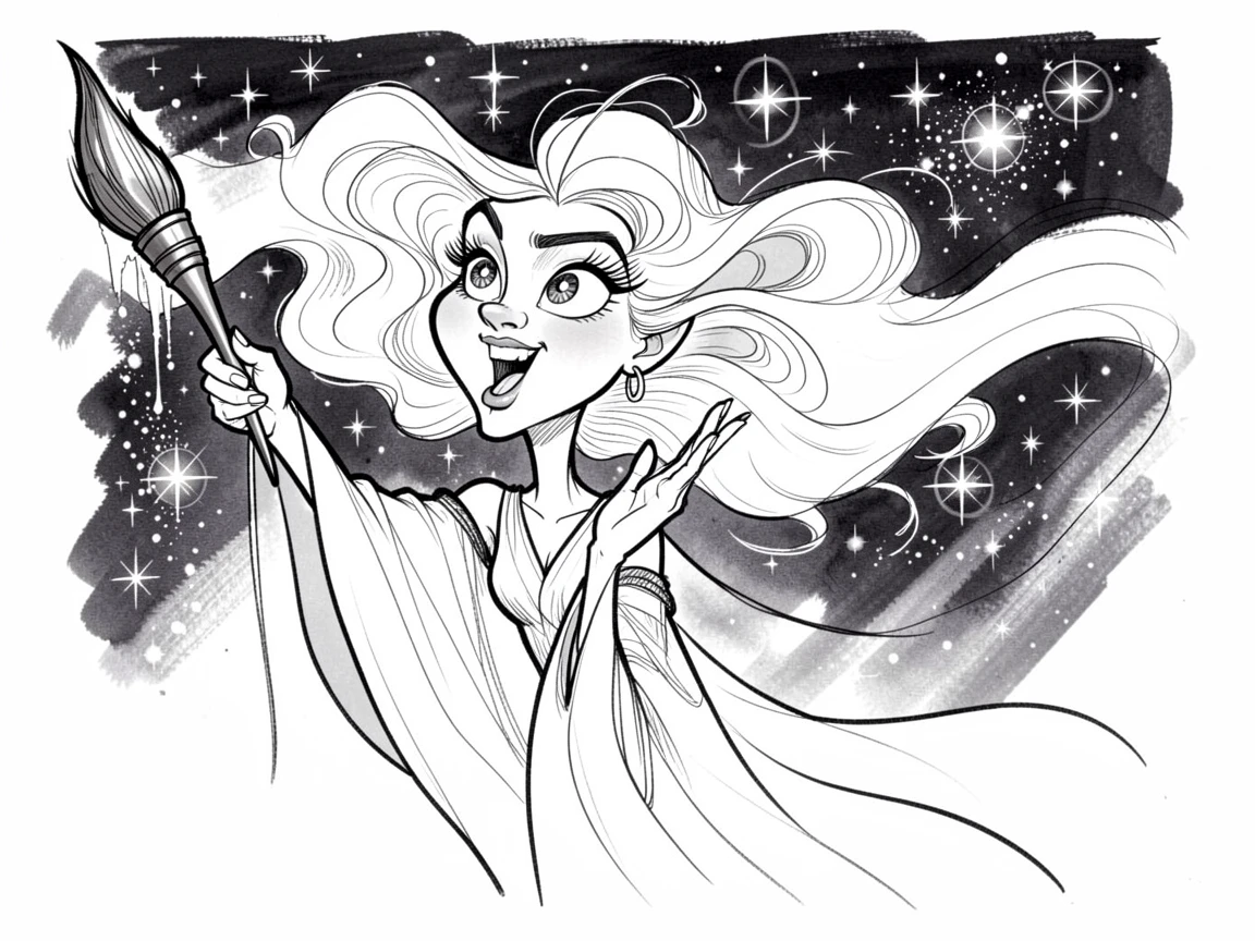 [Fantasy & Imaginative Scenarios] Imaginative fantasy scene of a celestial being painting the night sky with shimmering stars, brimming with wonder