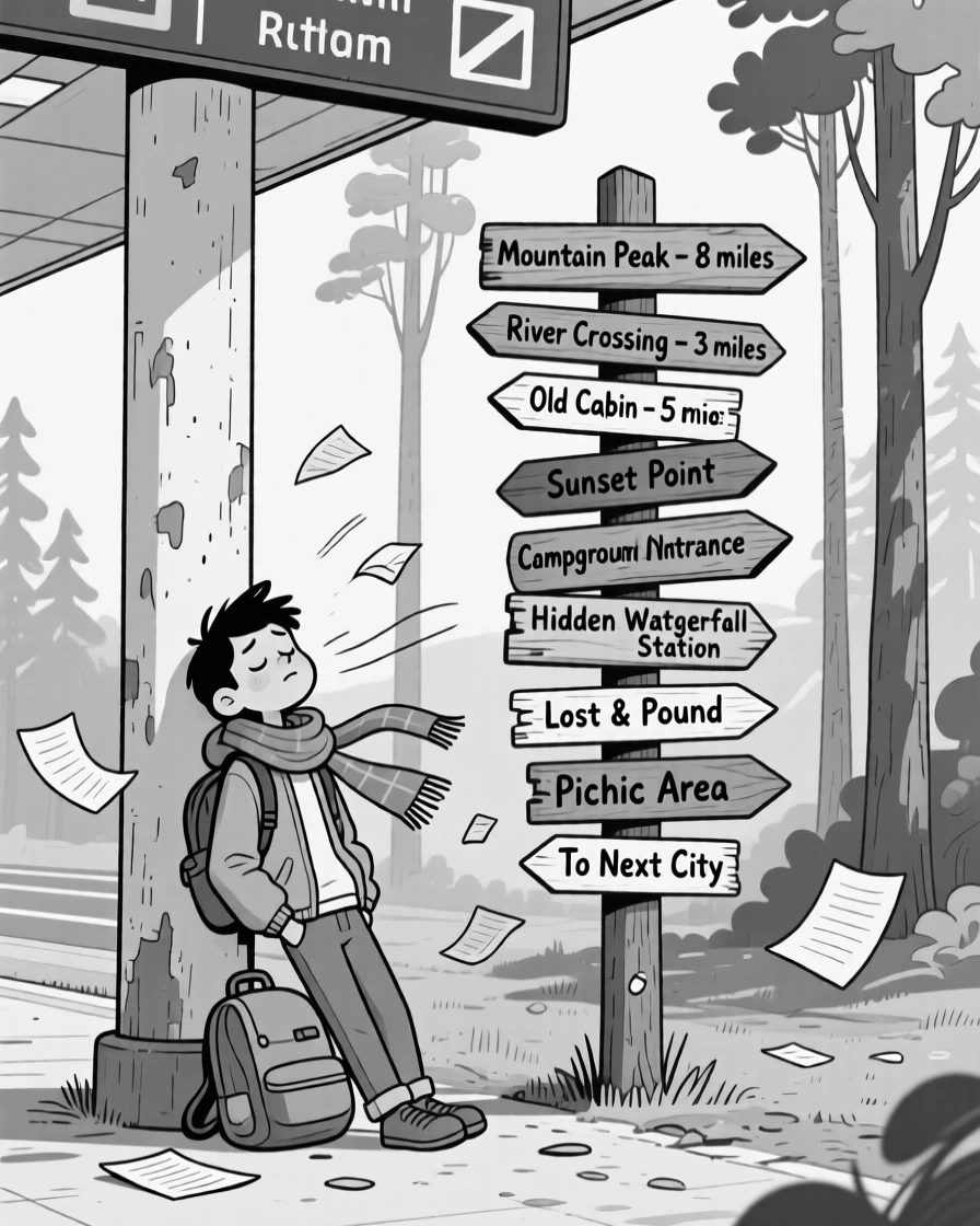 A traveler napping upright against an airport pillar, fighting a losing battle against the wind and paper, set at the start of a forested hiking trail. A weathered signpost lists a dozen mismatched directions. The image feels like a postcard brought playfully to life.