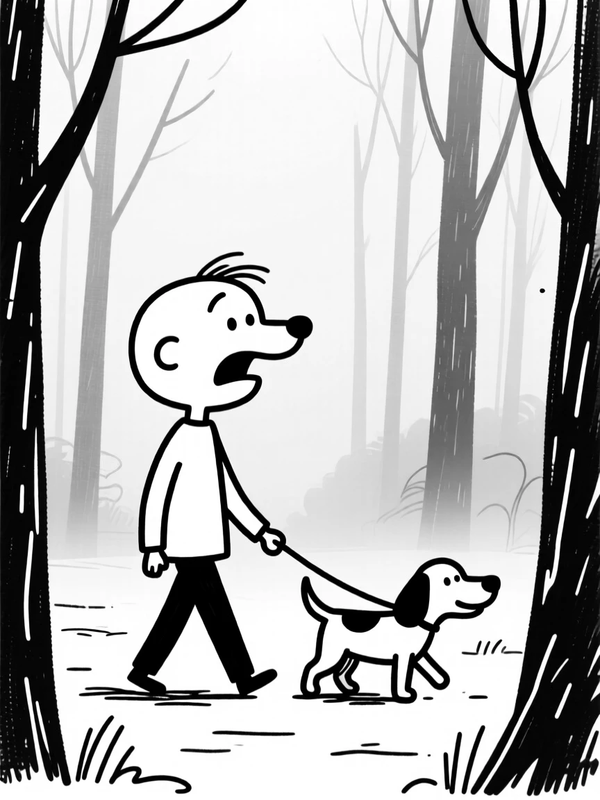 A foggy morning scene with a lone figure walking a dog through misty woods.