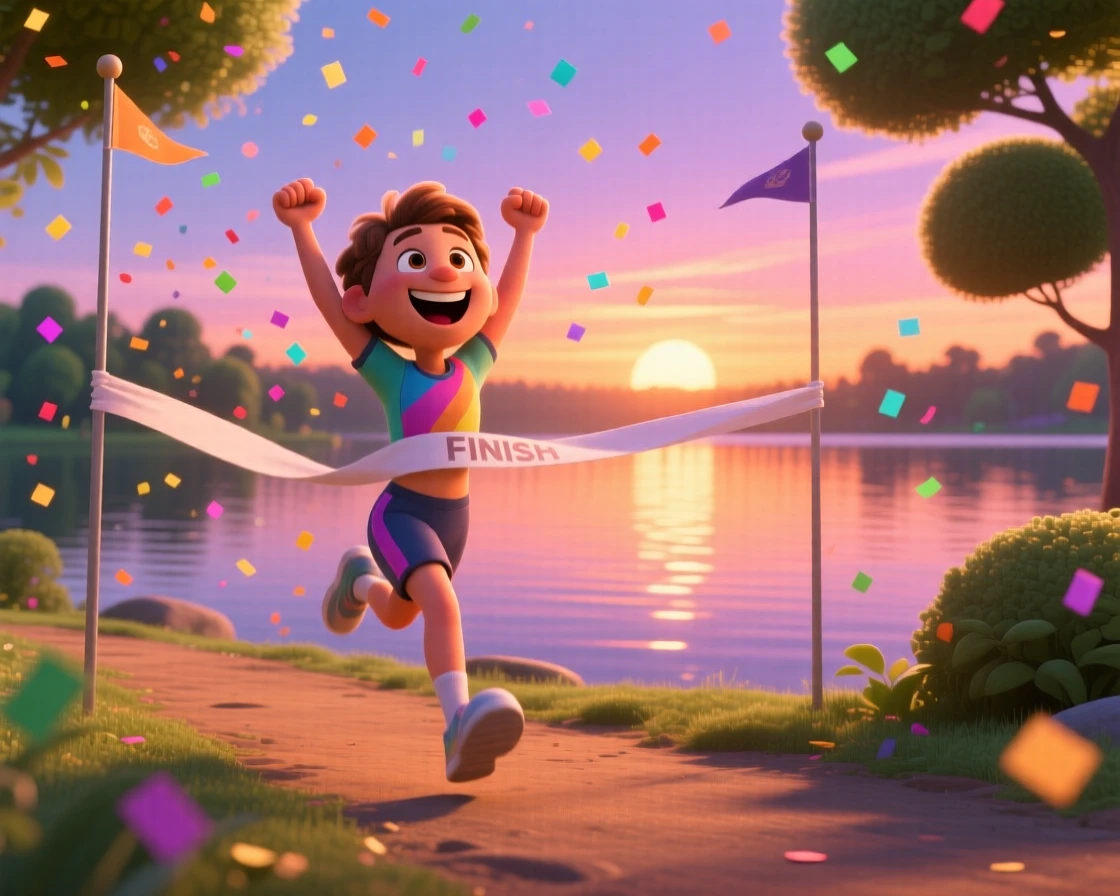 A runner crossing a finish line with arms raised unfolds beside a calm lake at sunset, with confetti drifting through the air. A heartfelt sense of happiness fills the moment.