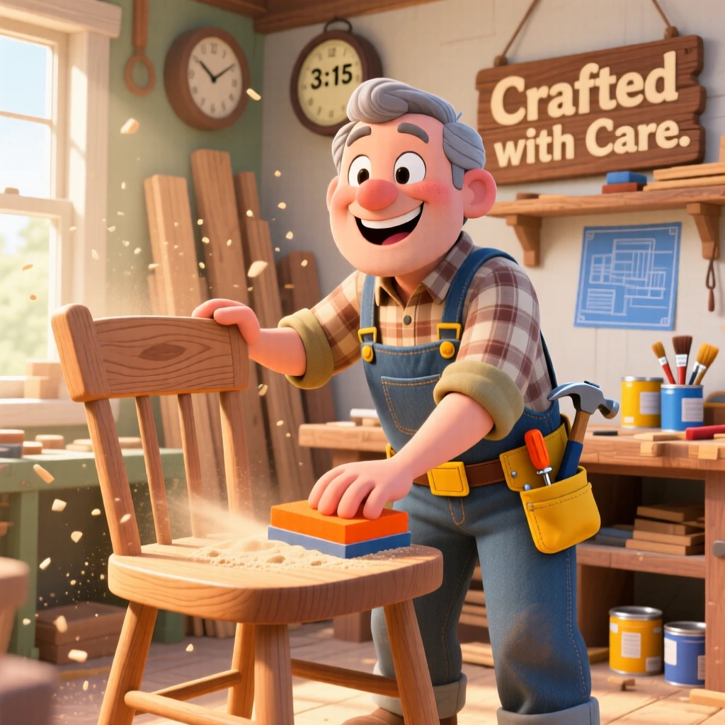 A carpenter sanding a handmade wooden chair in a sunlit workshop.