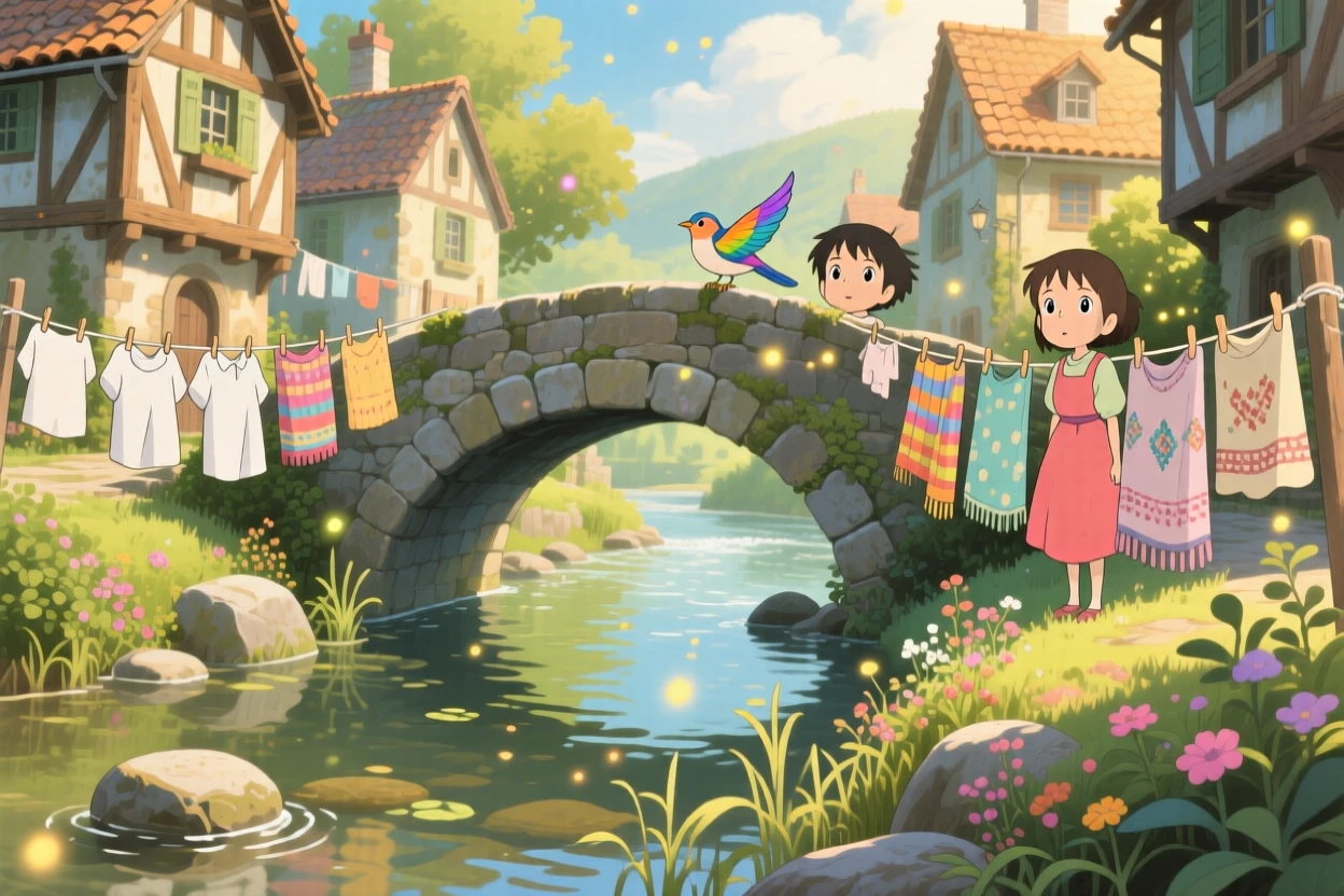 A stone bridge crossing a slow-moving village stream, with laundry lines strung between houses, fluttering in the breeze, under a warm afternoon sun.
