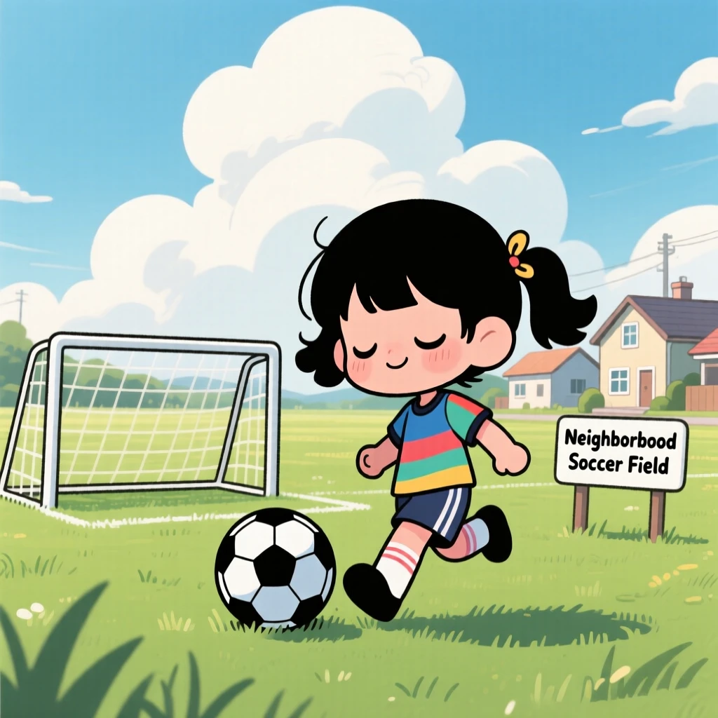In a sunny neighborhood field, a young girl is kicking a soccer ball toward a goal beneath fluffy drifting clouds, bathed in diffused overcast light, expression full of sleepy relaxation. Shot as a silhouette composition.