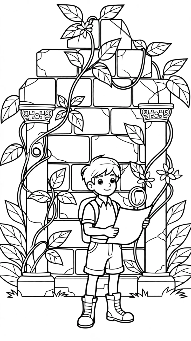 An adventurer discovering ancient ruins covered in vines