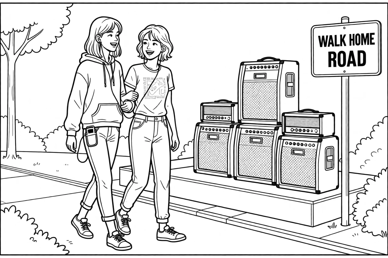 Friends sharing earbuds while walking home from school, with amplifiers stacked in the background.