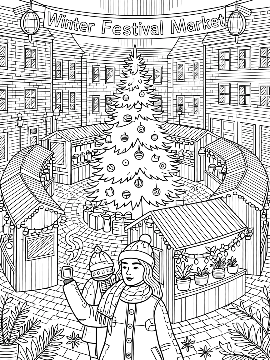 A traditional market square decorated for a winter festival.