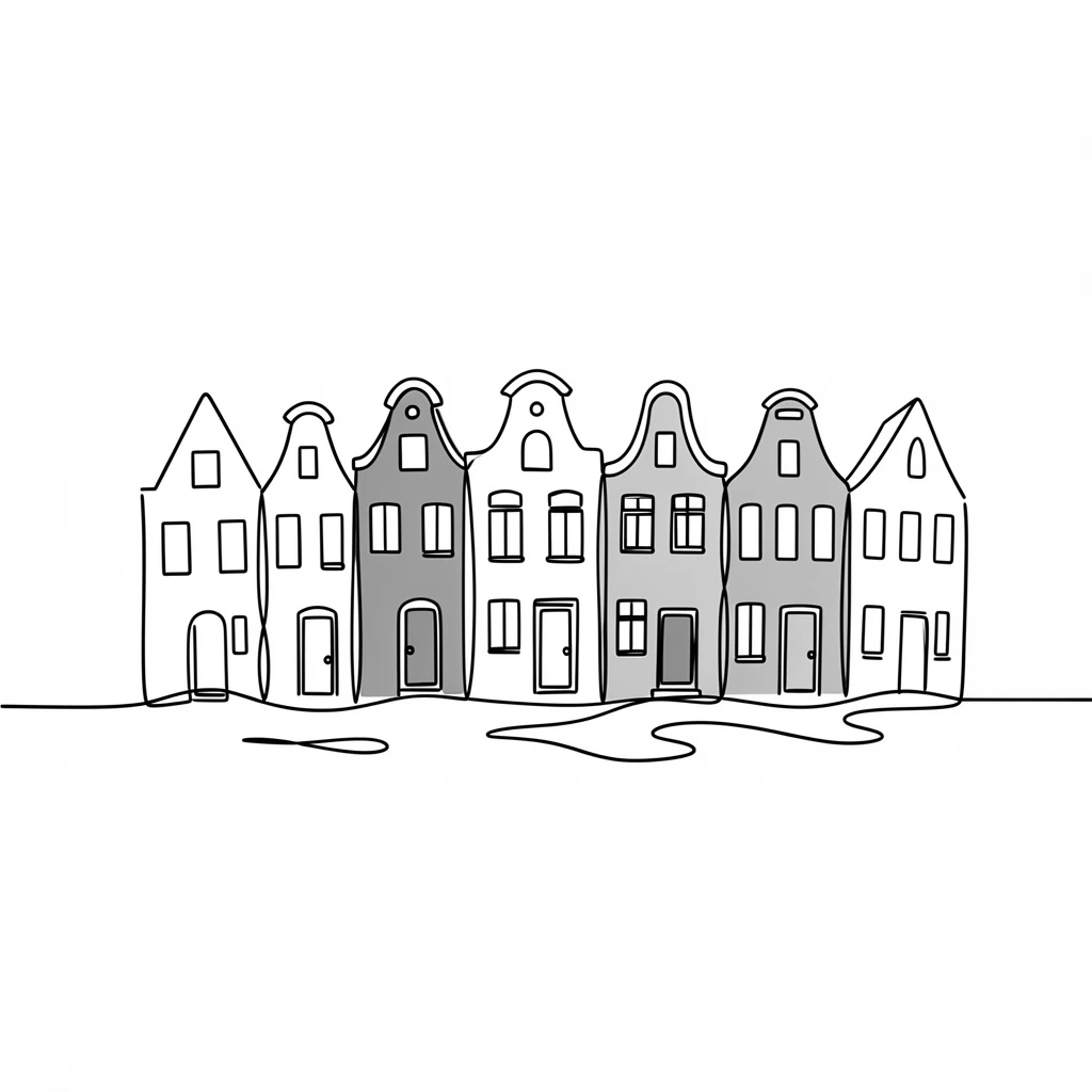 A row of colorful canal houses lining a quiet European waterway