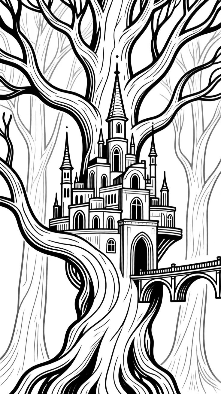 An elven city built into the branches of towering silver trees.