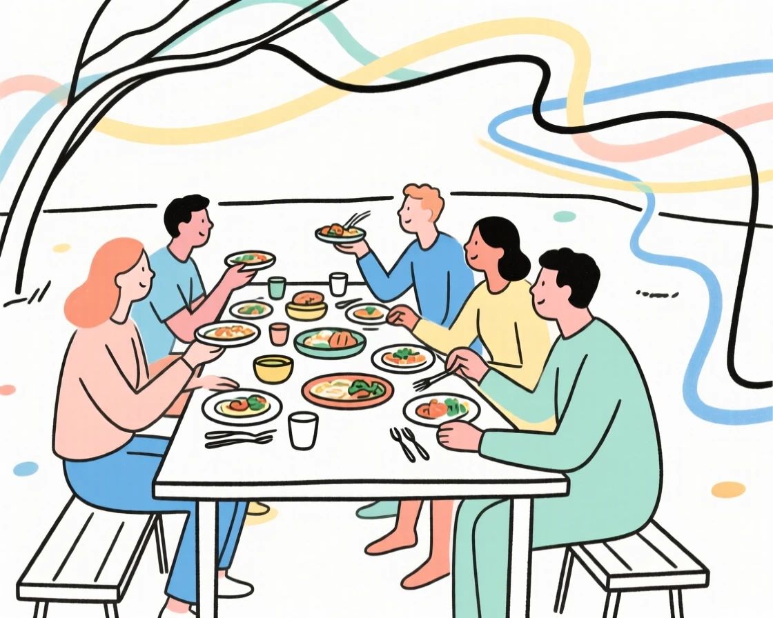 A group of friends sharing a meal together at a long outdoor table.