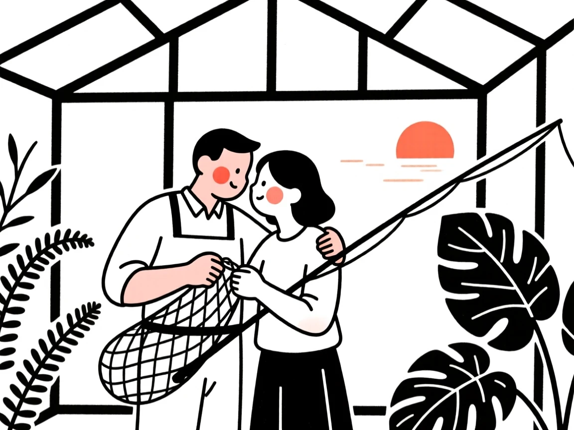 A fisherman mending nets at sunrise, sharing a tender embrace, in a botanical garden greenhouse.